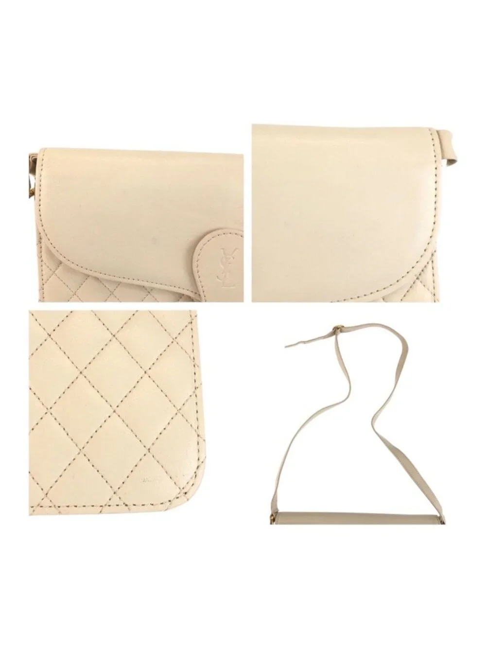 Saint Laurent YSL Quilted White Gold Leather Shoulder